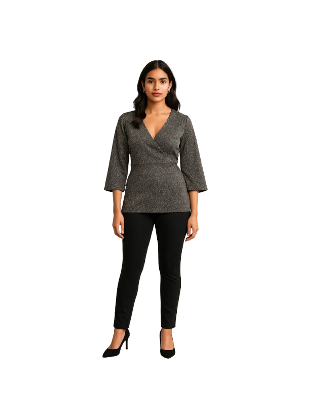 Grace Elements Metallic Knit Top Black Silver 3/4 Sleeve Silk Blend Size S NWT